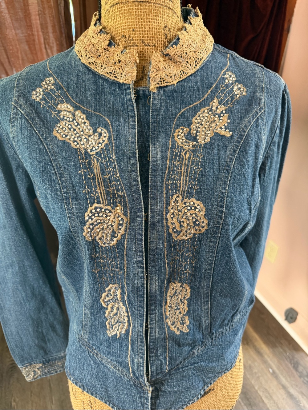 new directions Denim Jacket with Cream Embroidery and Lace Collar